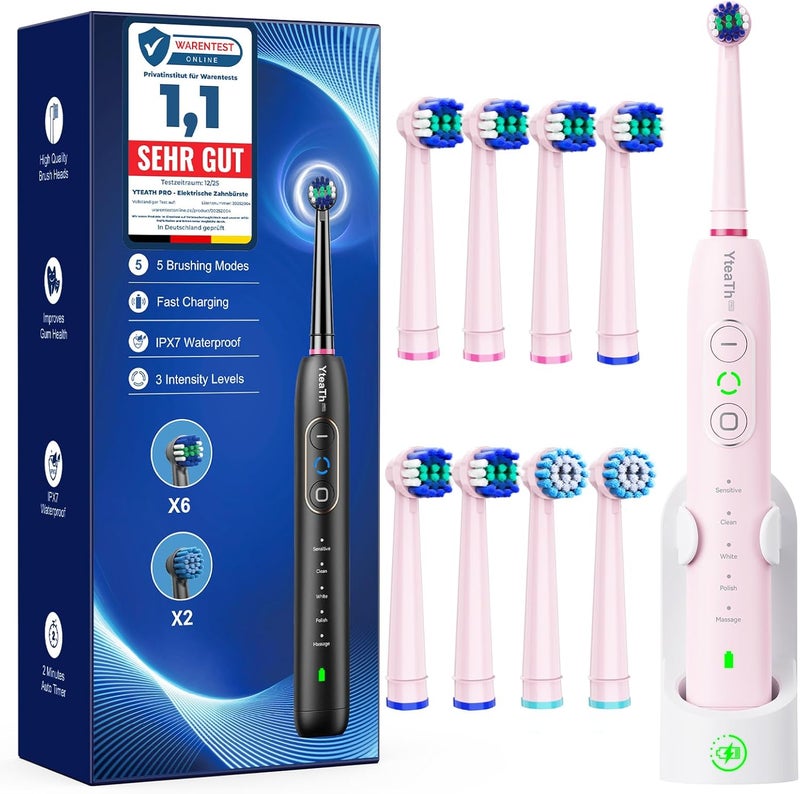 YTEATH PRO Rotating Electric Toothbrushes for Adults and Children with 8 Toothbrush Heads (2 Types), 3 Intensities, 5 Modes, Electric Toothbrush with Wall Mount Charging Station, 2 Minute Brushes, Timer - Image 1