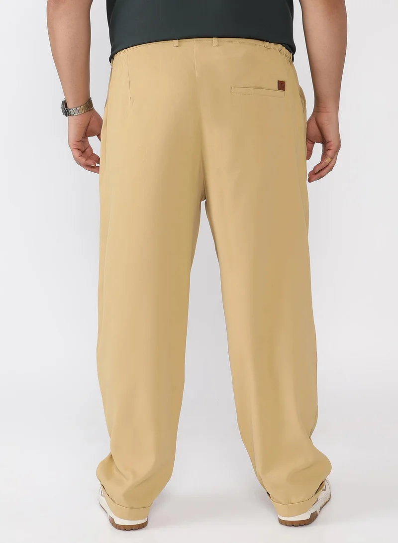 Instafab Plus Men Pleated-Twill Tailored Trousers | Mid-Rise , Side Elasticated Stretch | Button Closure , Cuffed-Straight Hem | Solid Twill | Woven Fabric For Casual & Office Wear | Buff Beige