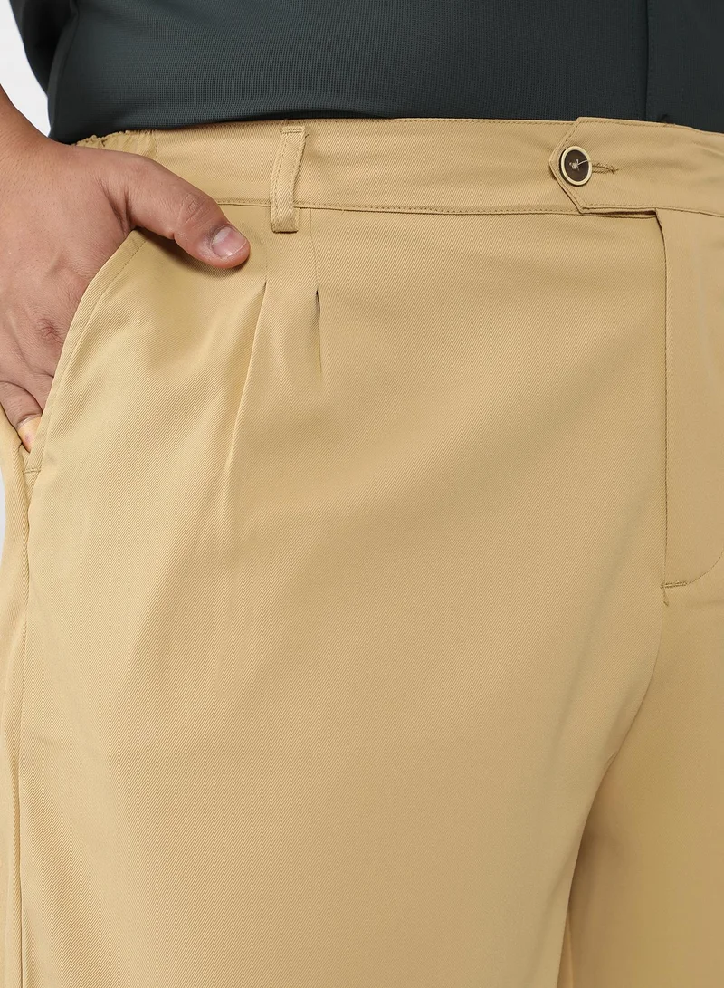 Instafab Plus Men Pleated-Twill Tailored Trousers | Mid-Rise , Side Elasticated Stretch | Button Closure , Cuffed-Straight Hem | Solid Twill | Woven Fabric For Casual & Office Wear | Buff Beige