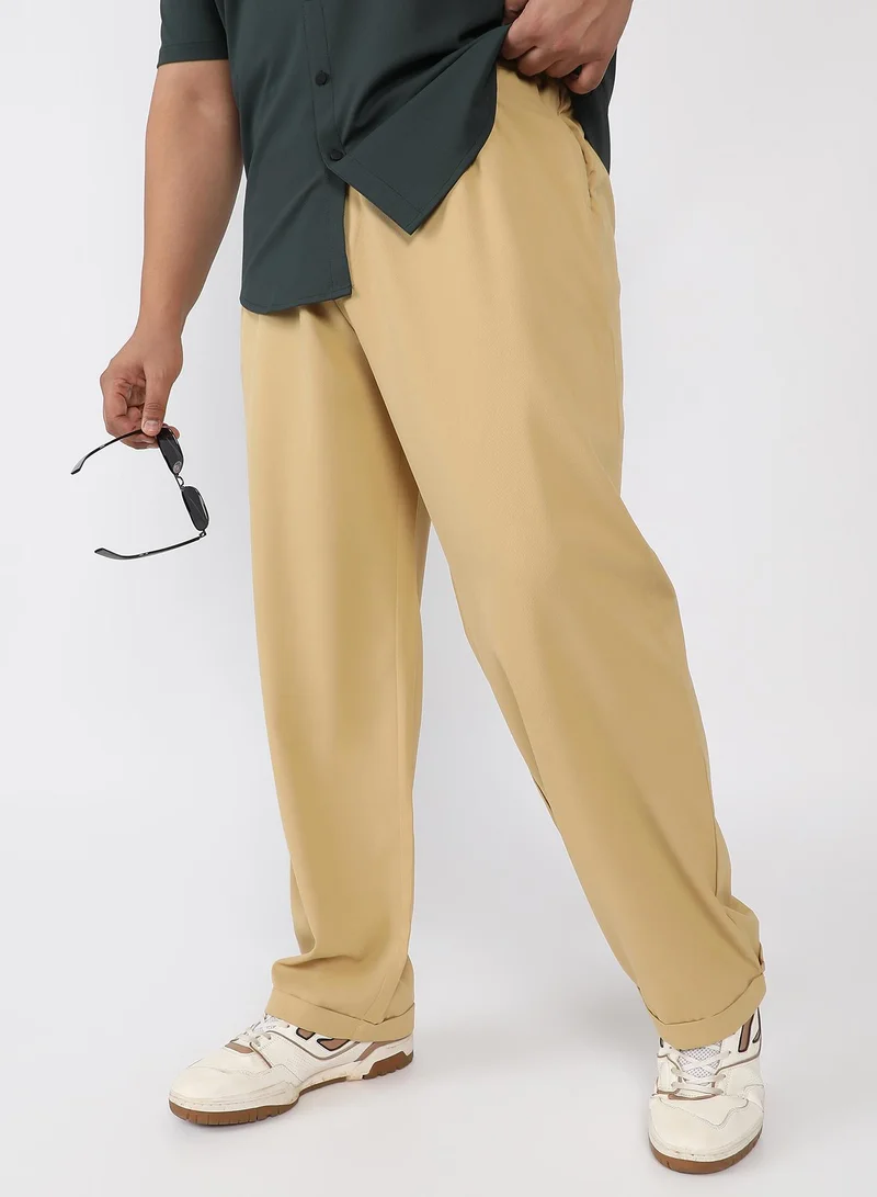 Instafab Plus Men Pleated-Twill Tailored Trousers | Mid-Rise , Side Elasticated Stretch | Button Closure , Cuffed-Straight Hem | Solid Twill | Woven Fabric For Casual & Office Wear | Buff Beige