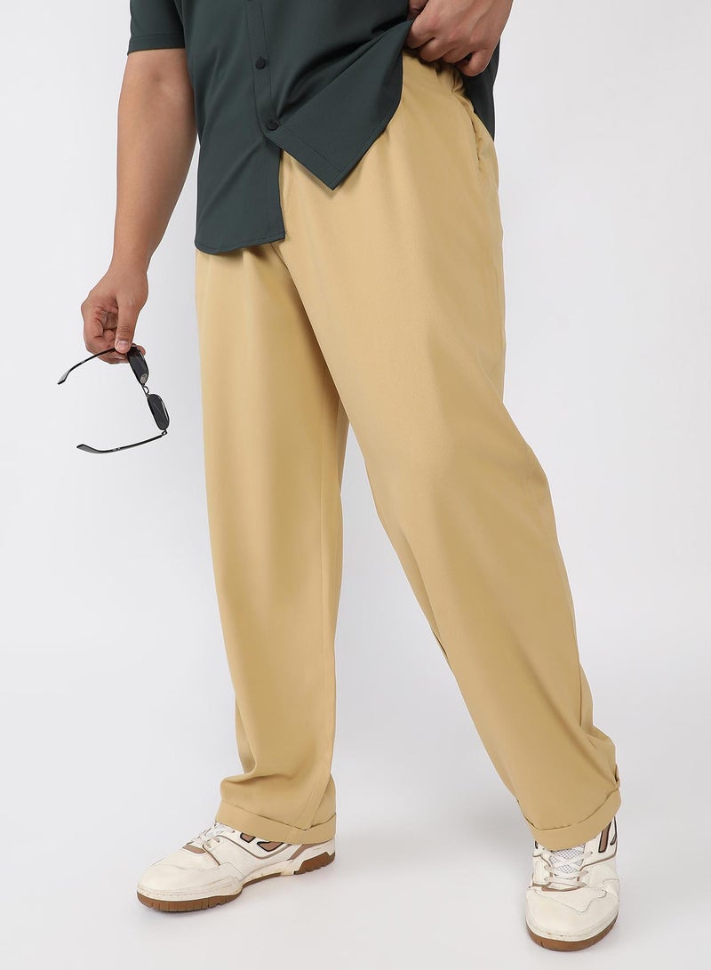Instafab Plus Men Pleated-Twill Tailored Trousers | Mid-Rise , Side Elasticated Stretch | Button Closure , Cuffed-Straight Hem | Solid Twill | Woven Fabric For Casual & Office Wear | Buff Beige - Image 1
