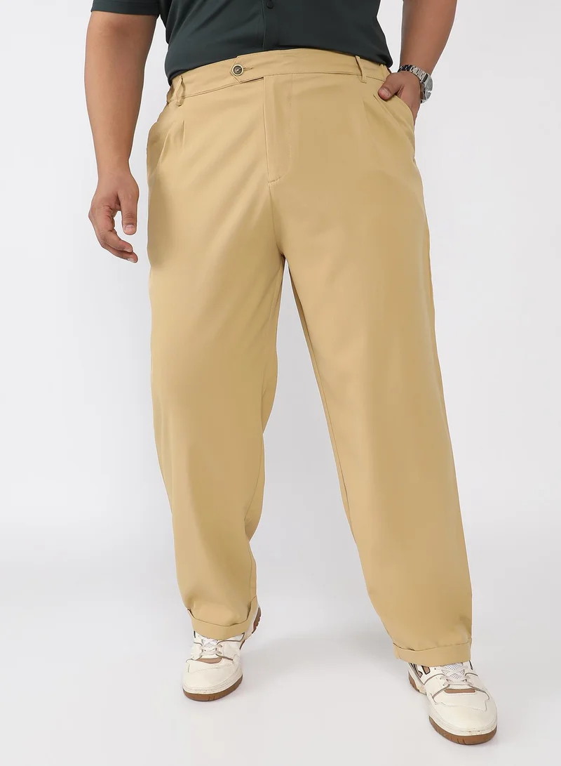 Instafab Plus Men Pleated-Twill Tailored Trousers | Mid-Rise , Side Elasticated Stretch | Button Closure , Cuffed-Straight Hem | Solid Twill | Woven Fabric For Casual & Office Wear | Buff Beige