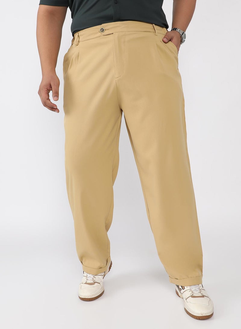 Instafab Plus Men Pleated-Twill Tailored Trousers | Mid-Rise , Side Elasticated Stretch | Button Closure , Cuffed-Straight Hem | Solid Twill | Woven Fabric For Casual & Office Wear | Buff Beige - Image 2