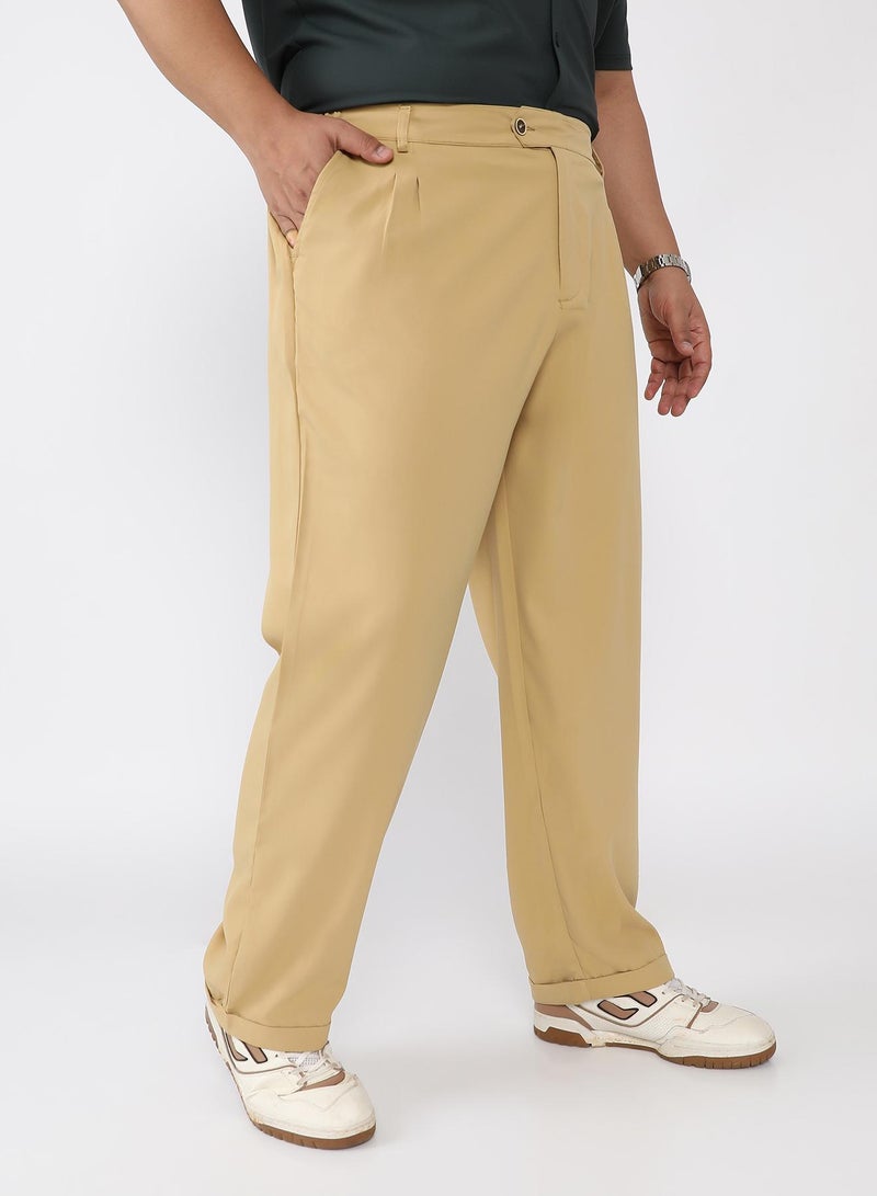 Instafab Plus Men Pleated-Twill Tailored Trousers | Mid-Rise , Side Elasticated Stretch | Button Closure , Cuffed-Straight Hem | Solid Twill | Woven Fabric For Casual & Office Wear | Buff Beige - Image 3