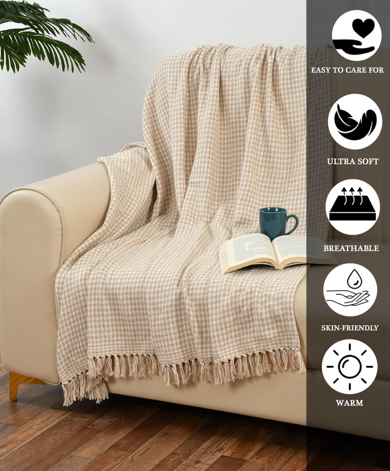 SASHAA WORLD Beige Extra Fine Plaid Sofa Throw | Soft & Cozy | Throw for Chair, Living Room, Bedroom, Sofa | Natural & Beige -130X160 Cm - Image 4
