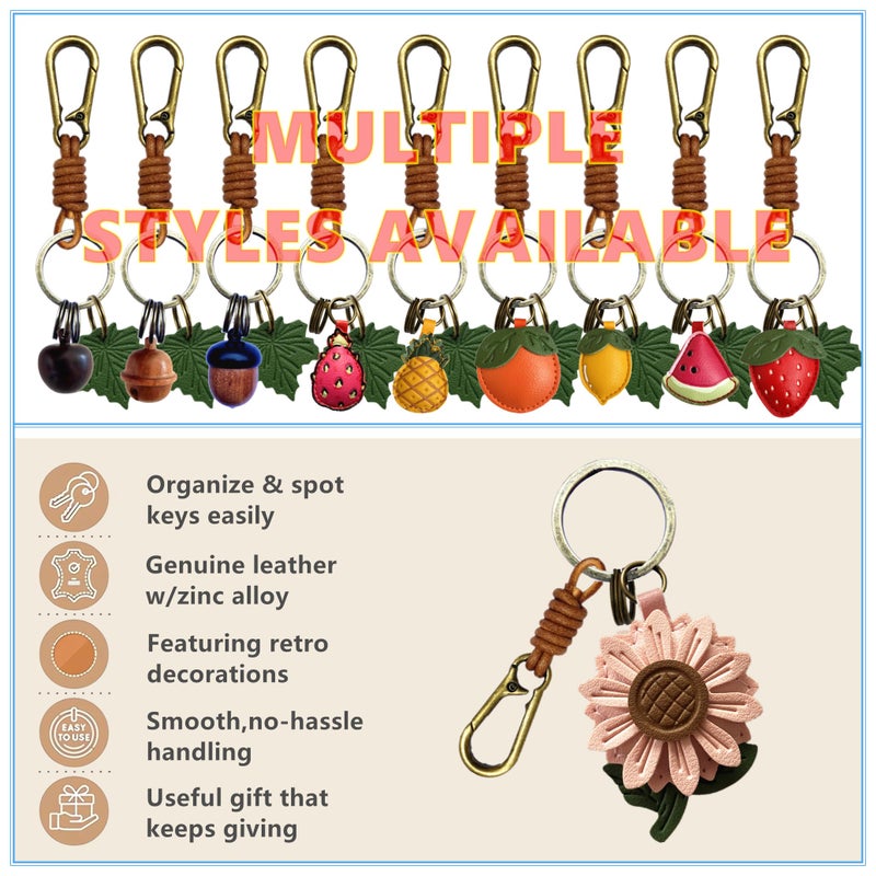 ZOUITY Leather Leaf Fruit Keychain Retro Accessories,Cute Keychains for Women Wallet Bag,Purse Keyring Holder,Women's Key Organizer and Keychains Pendant Charms(Pink Daisy) - Image 5