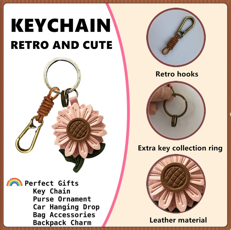 ZOUITY Leather Leaf Fruit Keychain Retro Accessories,Cute Keychains for Women Wallet Bag,Purse Keyring Holder,Women's Key Organizer and Keychains Pendant Charms(Pink Daisy) - Image 4