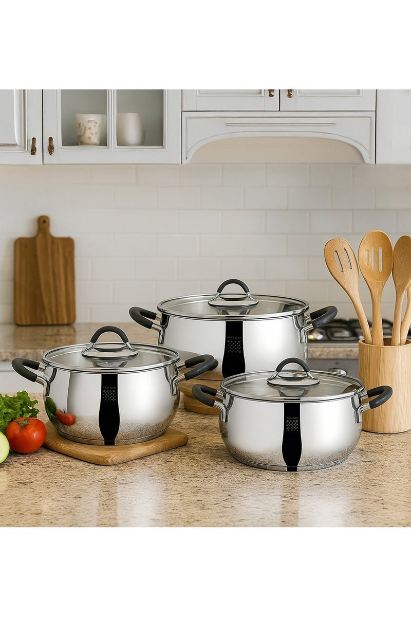 Serenk 6pcs Stainless Steel Cookware Set, Stackable Steel Pots and Pans with Glass Lids, Space-Saving Design, Non-Stick, Induction Cooktop Compatible, Made in Turkey - Modernist Series  - Image 1
