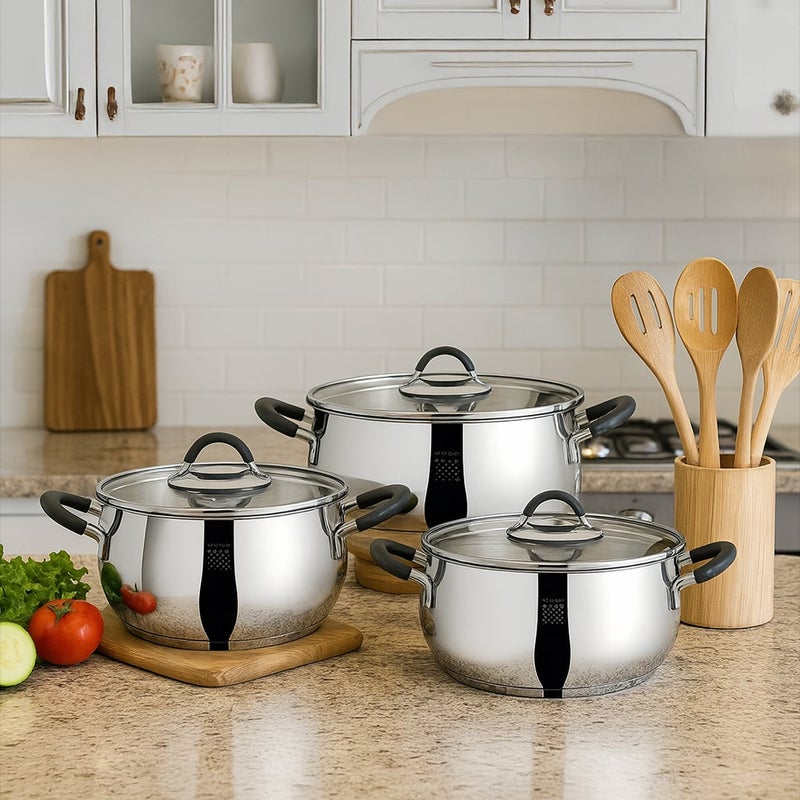 Serenk 6pcs Stainless Steel Cookware Set, Stackable Steel Pots and Pans with Glass Lids, Space-Saving Design, Non-Stick, Induction Cooktop Compatible, Made in Turkey - Modernist Series - Image 1