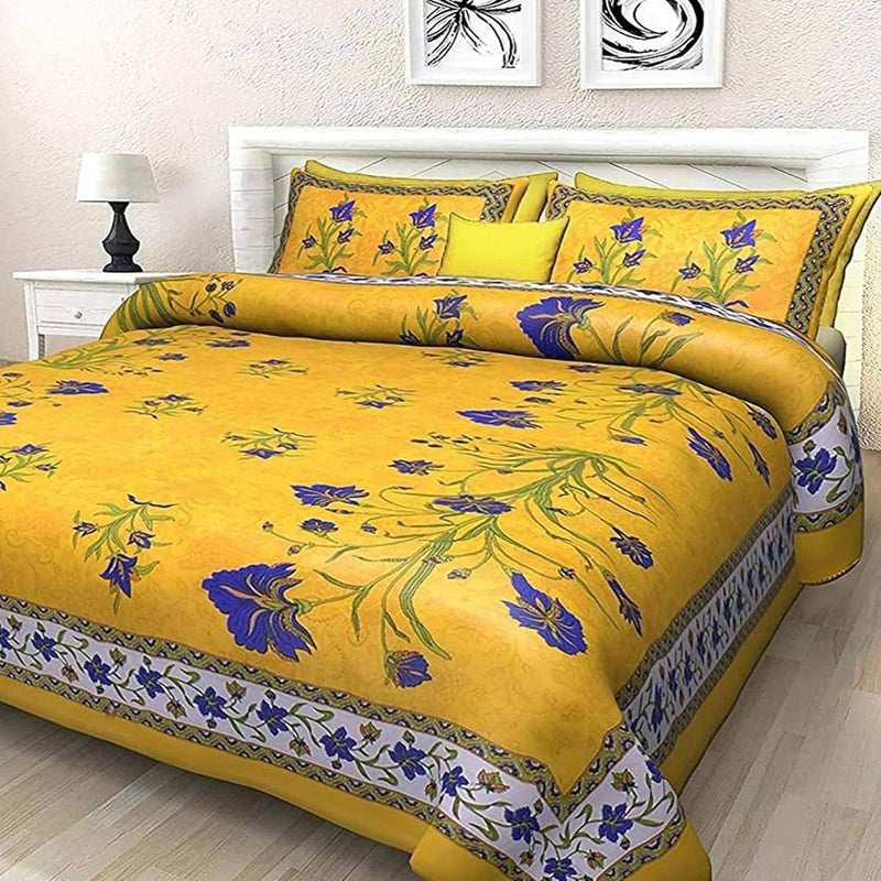 Meejoya 100 Cotton Rajasthani Jaipuri Traditional Floral King Size Double Bedsheet with 2 Pillow Covers Yellow - Image 1