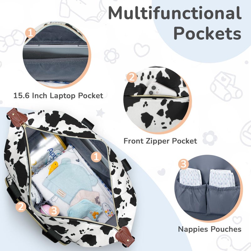 Tenot Diaper Bag Tote, Baby Bag Travel Diaper Tote Bag with Pacifier Case, Cute Maternity Hospital Baby Stylish Diaper Tote for Mom Dad Cow Print - Image 3