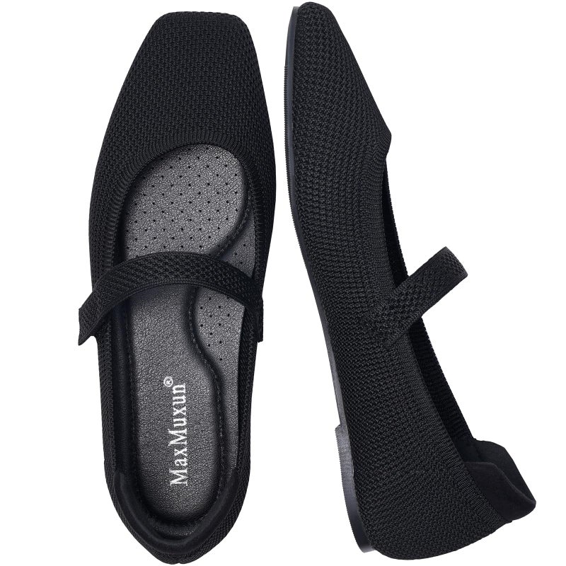 MaxMuxun Women's Ballet Flats Square Toe Mary Jane Shoes Women Arch Support Comfortable Walking Shoes Knit Ballerina Flats for Casual Office Dressy Business Black Size 8 - Image 1