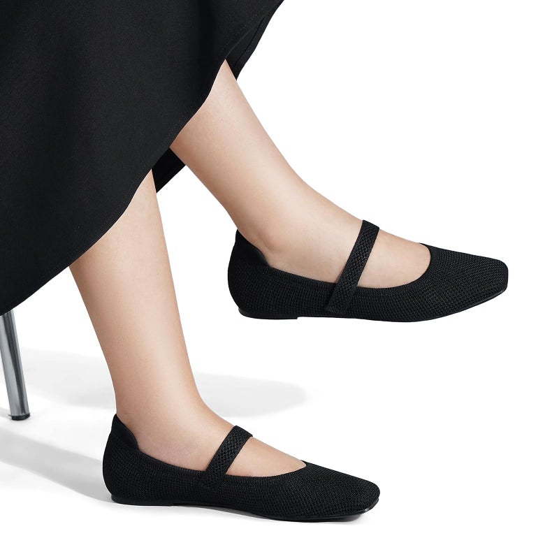 MaxMuxun Women's Ballet Flats Square Toe Mary Jane Shoes Women Arch Support Comfortable Walking Shoes Knit Ballerina Flats for Casual Office Dressy Business Black Size 8 - Image 2
