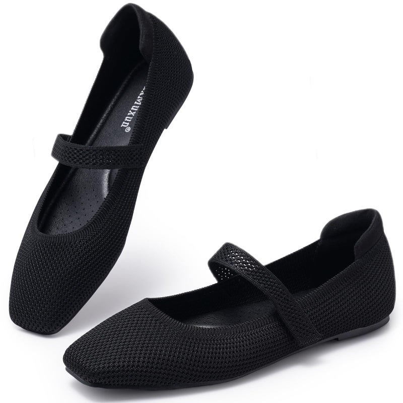 MaxMuxun Women's Ballet Flats Square Toe Mary Jane Shoes Women Arch Support Comfortable Walking Shoes Knit Ballerina Flats for Casual Office Dressy Business Black Size 8 - Image 3