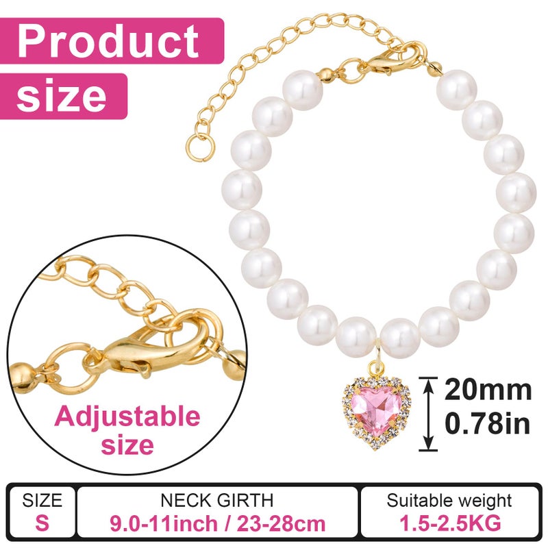 Mxxipp 2pcs Cat Dog Pearl Collar, Small Heart Shape Rhinestone Pet Necklace, Adjustable Wedding Party Pet Jewelry Accessories for Puppy Small Cats- White & Pink - Image 2
