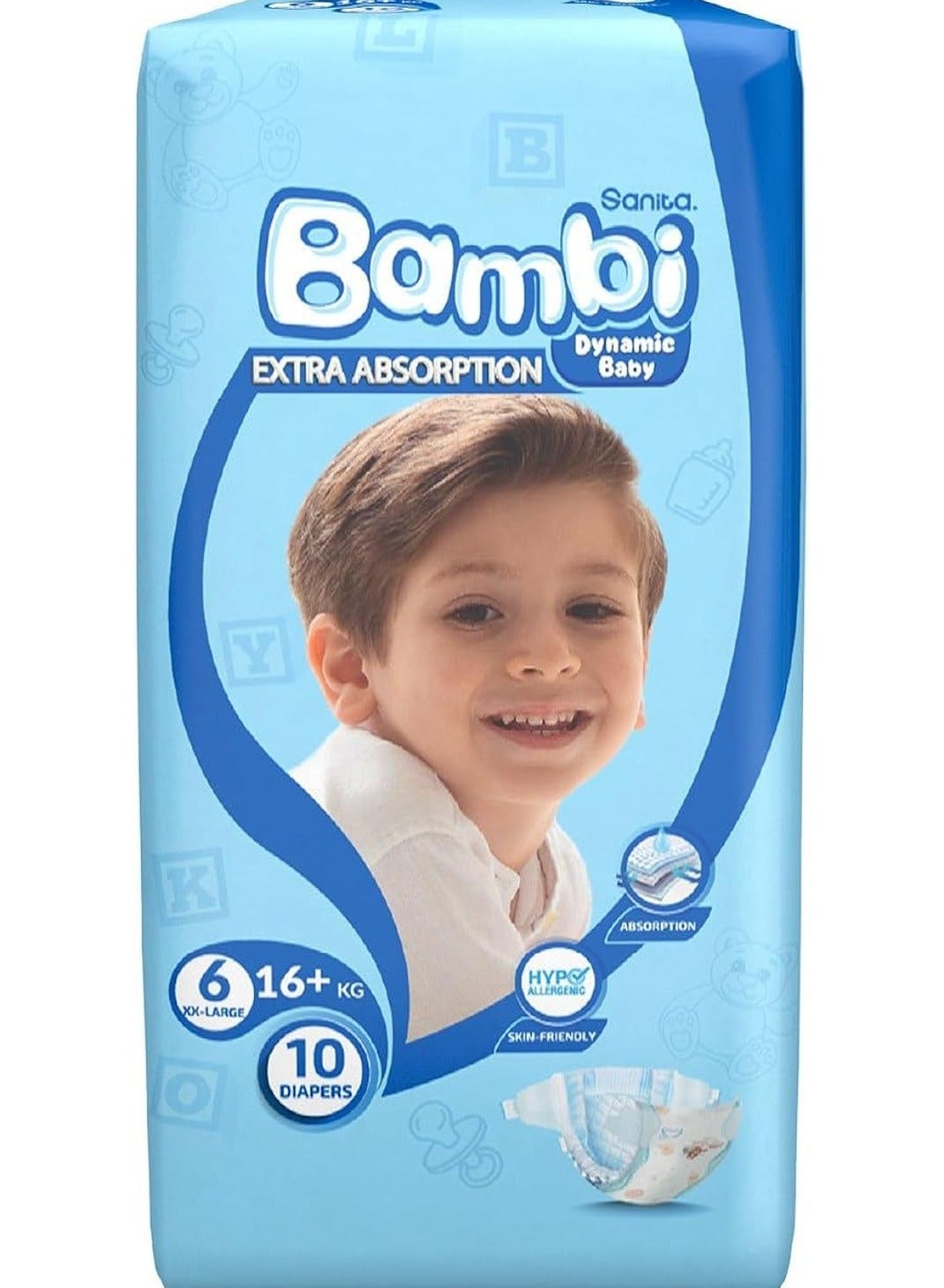 Sanita Bambi Baby Diapers Size 6, 16+kg, Skin-Friendly with Hypoallergenic Inner layer, Wetness Indicator, Leakage Protection & Comfort - Regular Pack, 10 Count