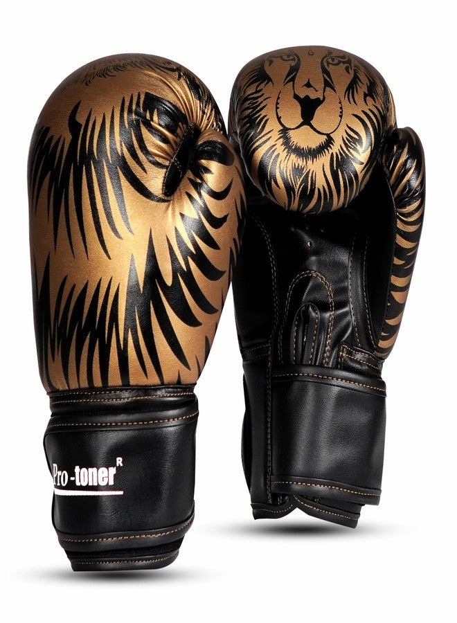 Protoner Pro-Toner Boxing Gloves, Red and Black Tiger Print Design, Faux Leather, for Men and Women (Golden/Black, 12 oz) - Image 1