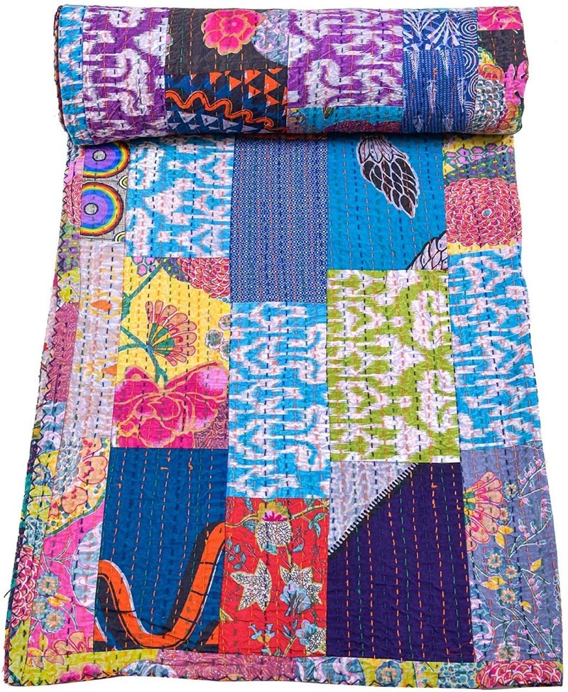 Fortune Creation Fortune Creation Double Bed Patch Work Katha Stitched Double Thick bedsheets Bed Cover Size 90108 Cotton reversible MultiColoured Set of 1 