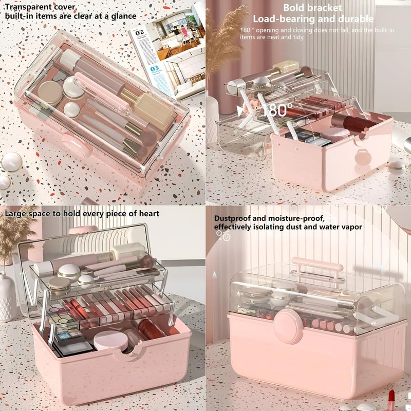 KREPS Transparent Cosmetic Organizer with Large Capacity,Dustproof,180° Opening,Multi-Layer Makeup,Hair Accessories Storage Box with Handle,Ideal for Cosmetics,Skincare or Medicine Storage.(Cream) - Image 4