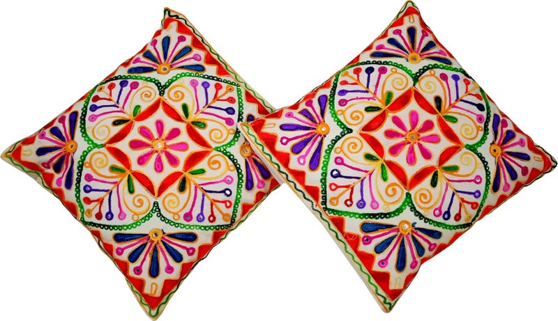 Purpledip Cotton Throw Pillow Cushion Covers 'Mystic Beauty': Ethnic Design Embroidery, Set of 2, 16 Inches (12445L) - Image 1