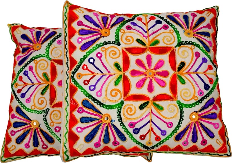 Purpledip Cotton Throw Pillow Cushion Covers 'Mystic Beauty': Ethnic Design Embroidery, Set of 2, 16 Inches (12445L) - Image 2