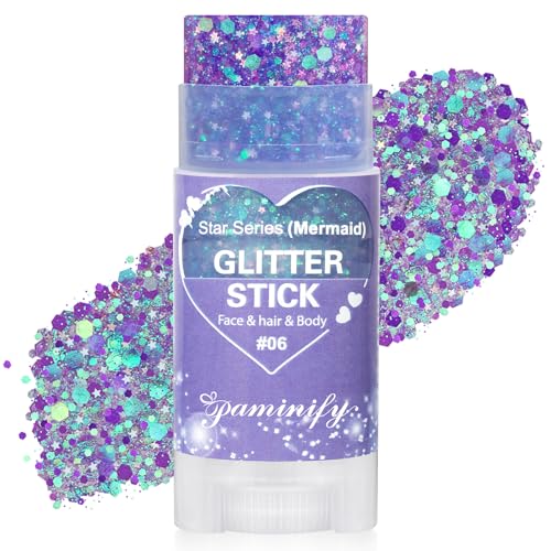 paminify Purple Hair Glitter Stick for KidsMardi Gras Outfit for WomenWaterproof Mermaid Body Face Glitter MakeupMardi Gras Accessories Chunky SequinsHalloween Glitter Body Paint for Carnival Festival - Image 1