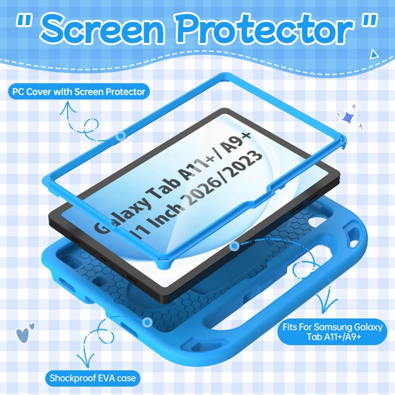 BMOUO Kids Case for Samsung Galaxy Tab A11+ Plus 11â€ 2026/A9+ Plus 11 Inch 2023, with Screen Protector, Shockproof Lightweight Stand Handle Samsung Galaxy Tab A11 Plus/A9 Plus Case for Kids, Blue - Image 3