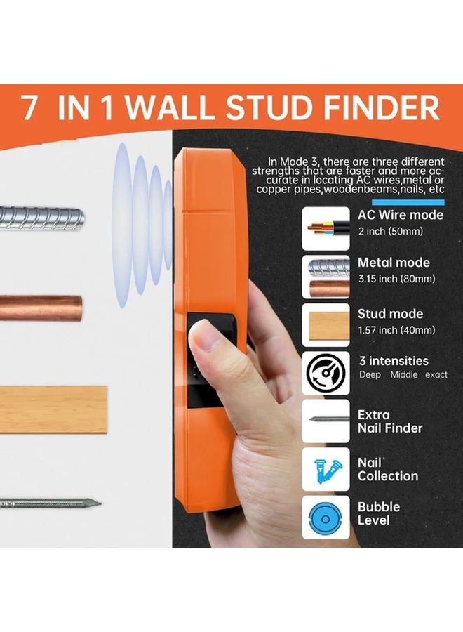 Orange 7 in 1 Stud Finder Detects Metal Wood Live Wires Deep Scan 2 36 Inch - Image 4