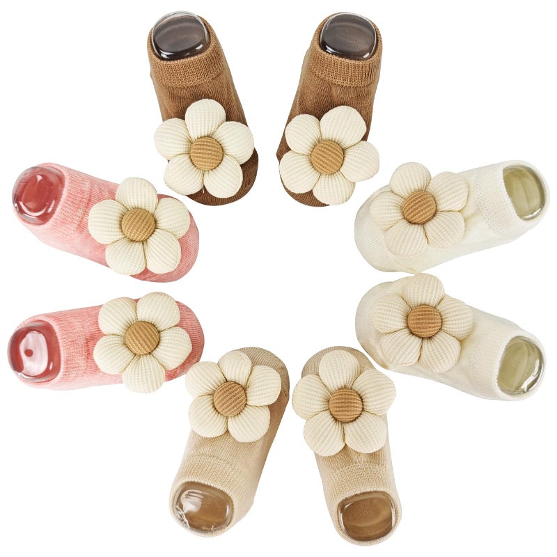 Nirvany 4 Pairs Baby Girl Ankle Socks, Non-Slip Low Cut Floral Socks for Infants, Toddlers & Newborn Girls - Image 1