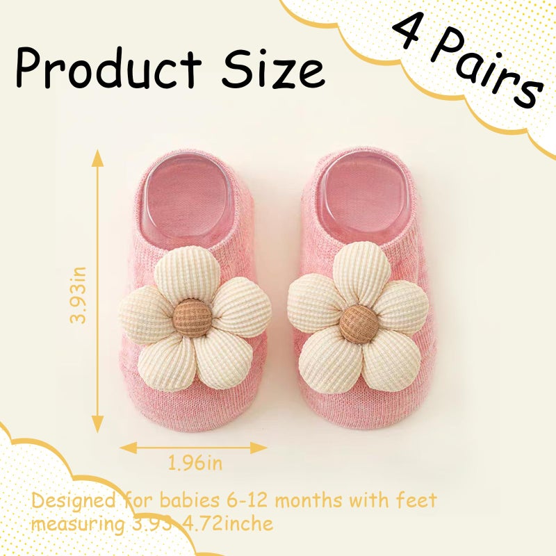 Nirvany 4 Pairs Baby Girl Ankle Socks, Non-Slip Low Cut Floral Socks for Infants, Toddlers & Newborn Girls - Image 4