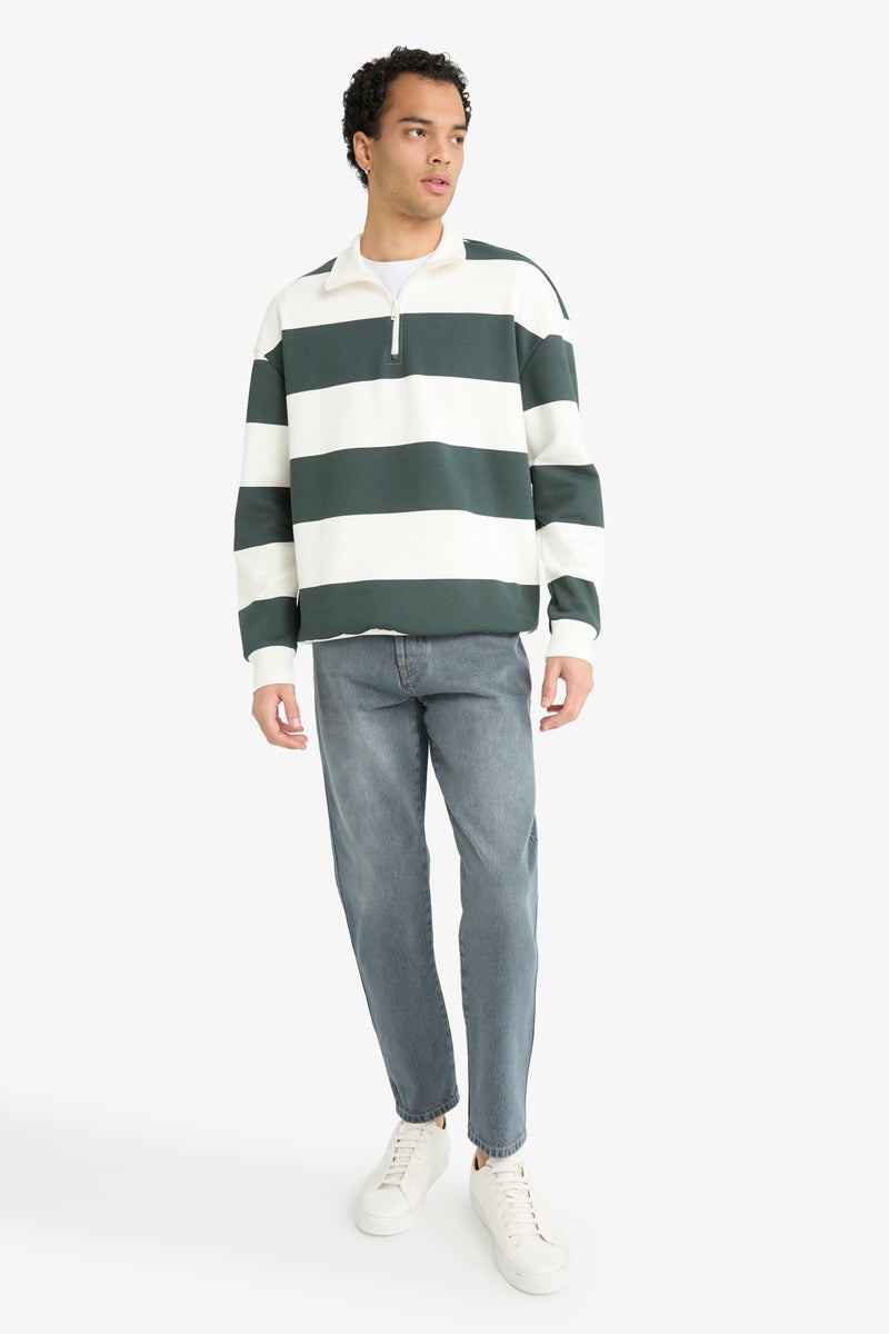 DeFacto Green Man Boxy Fit Striped Long Sleeve Sweatshirt Casual - Image 2