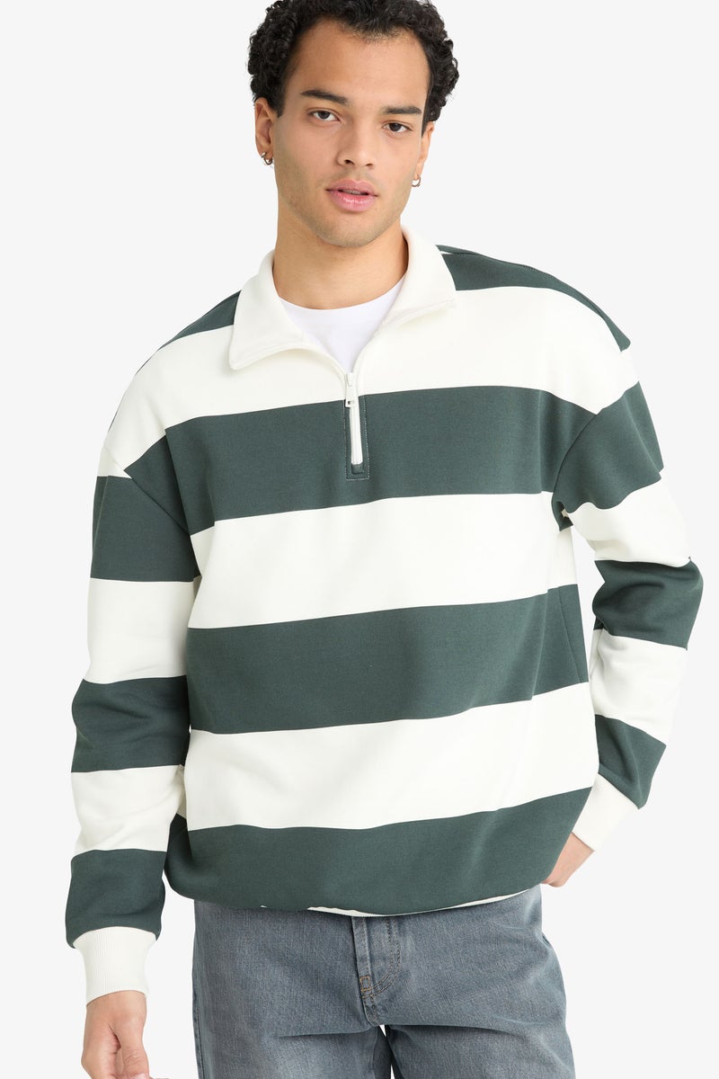DeFacto Green Man Boxy Fit Striped Long Sleeve Sweatshirt Casual - Image 1