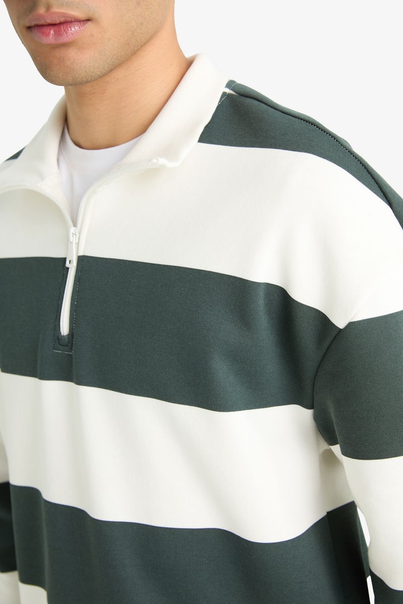 DeFacto Green Man Boxy Fit Striped Long Sleeve Sweatshirt Casual - Image 4