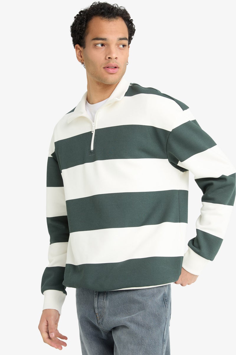 DeFacto Green Man Boxy Fit Striped Long Sleeve Sweatshirt Casual - Image 5