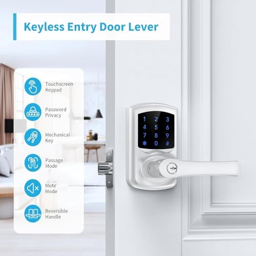Signstek Keyless Entry,Digital Smartcode Door Lock for Front Door,Keypad Door Lock with Handle and Security Key,Touchscreen,Easy Installation,Silver - Image 2