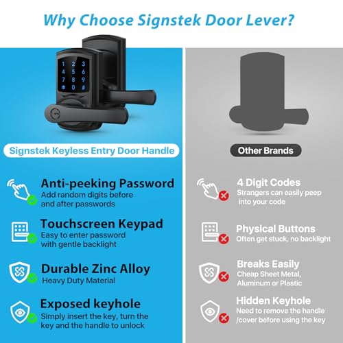 Signstek Keyless Entry,Digital Smartcode Door Lock for Front Door,Keypad Door Lock with Handle and Security Key,Touchscreen,Easy Installation,Silver - Image 3