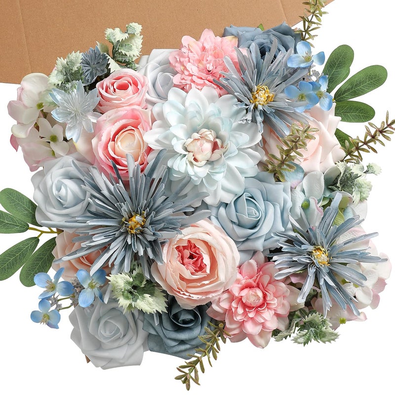Koroni Flowers Blue Pink Artificial Flowers Set - Fake Roses, Peonies, Silk Flowers with Stems for DIY Wedding Bouquets,Floral Arrangement,Table Centerpieces,Baby Shower, Home Decor - Image 1