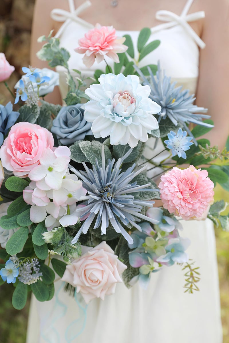 Koroni Flowers Blue Pink Artificial Flowers Set - Fake Roses, Peonies, Silk Flowers with Stems for DIY Wedding Bouquets,Floral Arrangement,Table Centerpieces,Baby Shower, Home Decor - Image 4