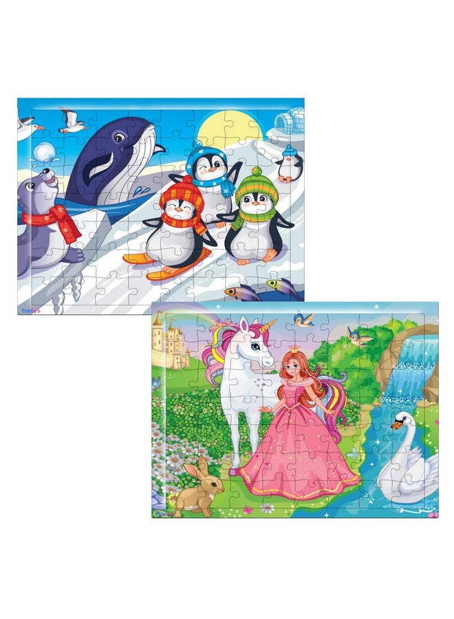 Fiddlys 54 Pcs Wood Jigsaw Puzzles for Kids & Children Age 6+ Animal World and Sea World (Princess+Ice) - Image 1