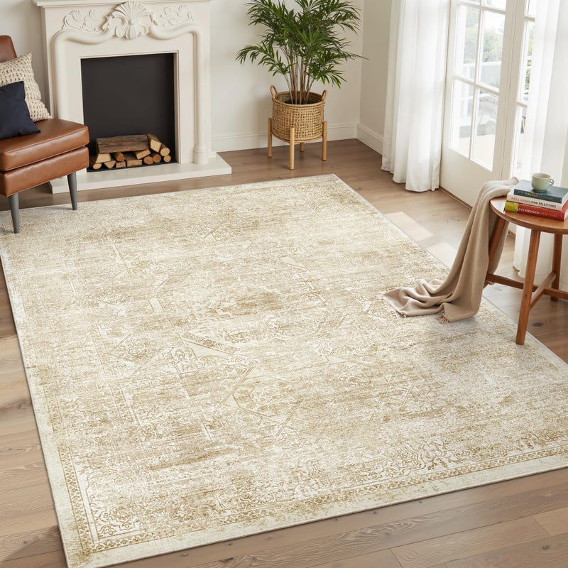 Soalmost 5x7 Area Rugs Beige Low Pile Indoor Washable Trendy Faded Style Floral Rugs for Bedroom Living Room Dining Room Foldable Non-Slip Thin Print Mat - Image 2
