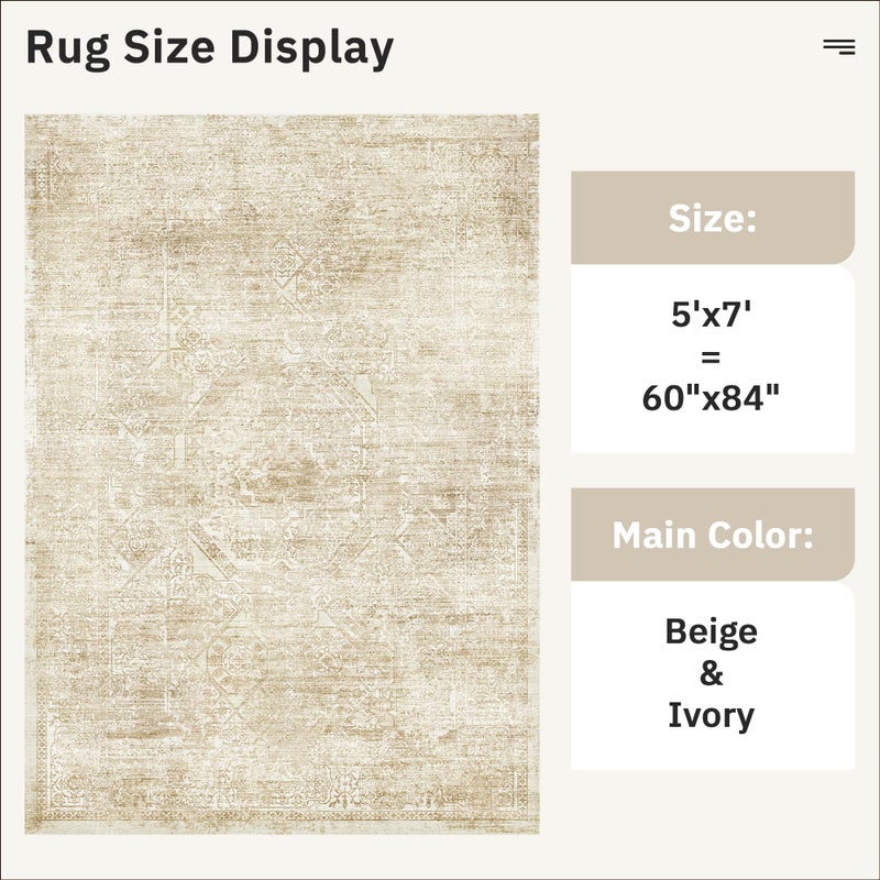 Soalmost 5x7 Area Rugs Beige Low Pile Indoor Washable Trendy Faded Style Floral Rugs for Bedroom Living Room Dining Room Foldable Non-Slip Thin Print Mat - Image 3