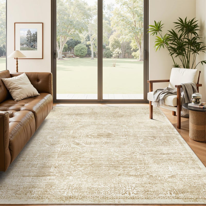 Soalmost 5x7 Area Rugs Beige Low Pile Indoor Washable Trendy Faded Style Floral Rugs for Bedroom Living Room Dining Room Foldable Non-Slip Thin Print Mat - Image 1