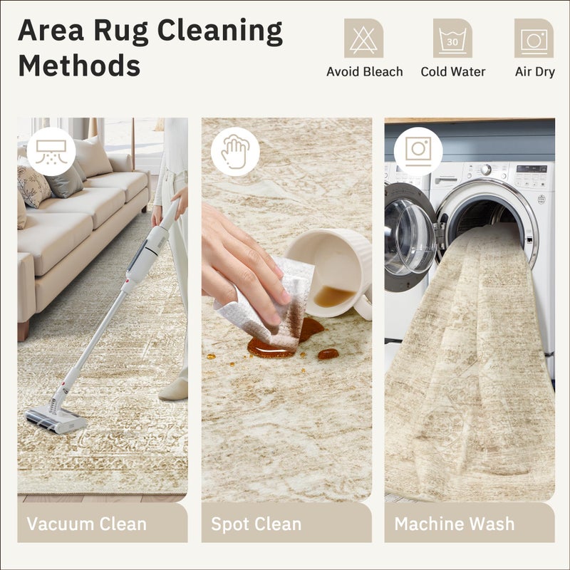 Soalmost 5x7 Area Rugs Beige Low Pile Indoor Washable Trendy Faded Style Floral Rugs for Bedroom Living Room Dining Room Foldable Non-Slip Thin Print Mat - Image 5