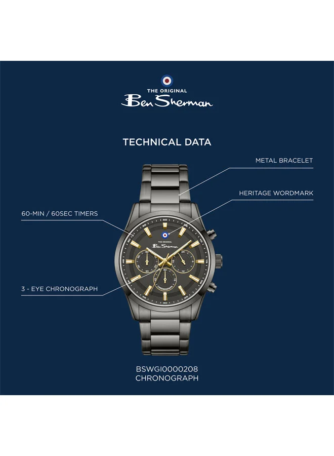Ben Sherman Gunmetal Cambridge Gunmetal Dial Gunmetal Stainless Steel Bracelet Chronograph Watch for Men, 42mm for Men | Best Price UAE
