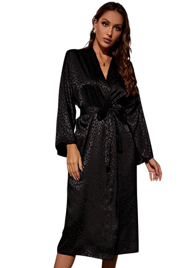 Loquat Women's Imitation Silk Jacquard Weave  Nightgown Soft Loungewear Sleepwear Night-Rob Black  - Image 2