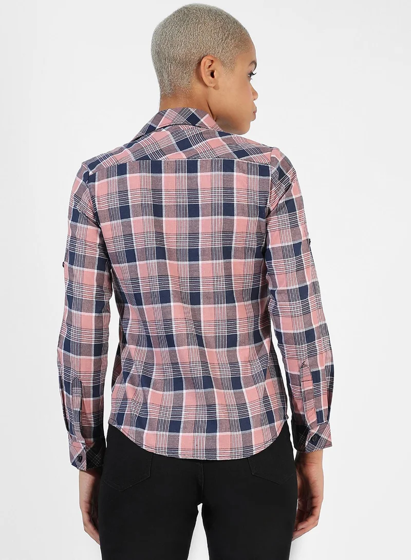 PINACOLADA Women's Baby Pink & Navy Blue Tartan Plaid Shirt For Casual Wear | Spread Collar | Long Sleeve | Button Closure | Shirt Designed With Comfortable Fit For Woman & Girls