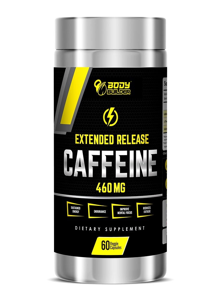 Body Builder Extended Release Caffeine 460mg – 60 Veggie Capsules for Focus, Sustained Energy & Endurance – With L-Theanine & Calcium, Vegan & Gluten-Free