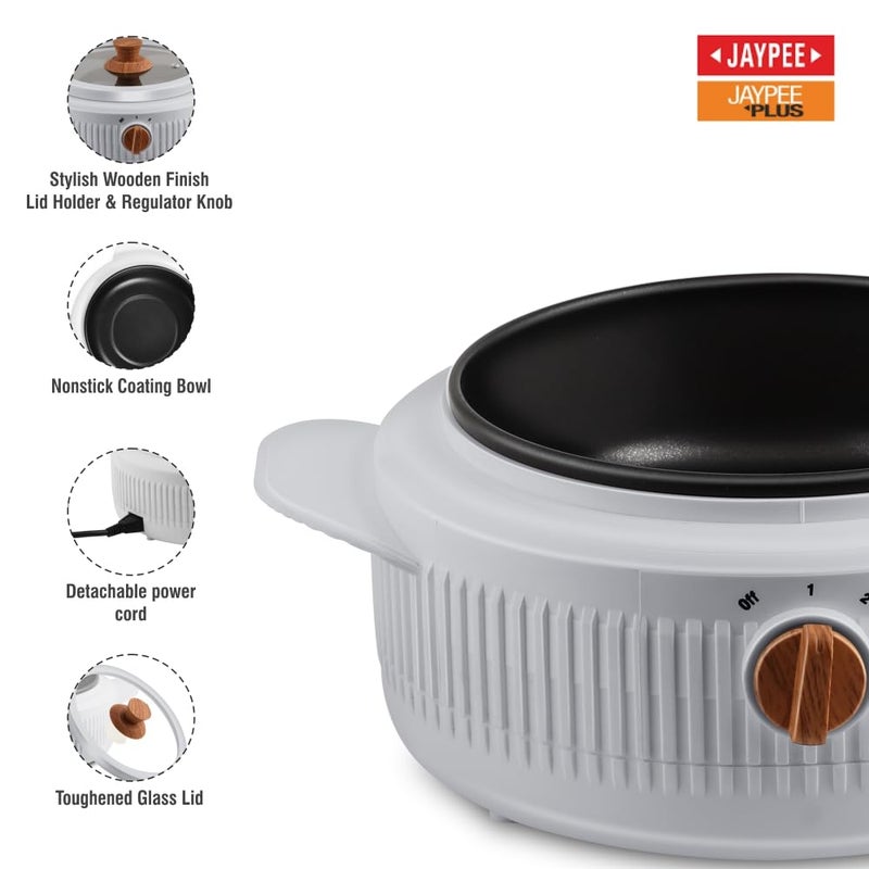 JAYPEE PLUS Electric CookSmart Casserole with Teflon NonStick Coating Bowl for Reheating & Cooking, Serving Casserole Wooden Finish Lid & Regulator Knob Toughened Glass Lid, 1500 ml, Grey - Image 3
