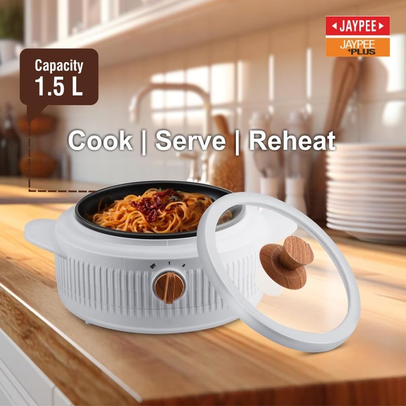 JAYPEE PLUS Electric CookSmart Casserole with Teflon NonStick Coating Bowl for Reheating & Cooking, Serving Casserole Wooden Finish Lid & Regulator Knob Toughened Glass Lid, 1500 ml, Grey - Image 2