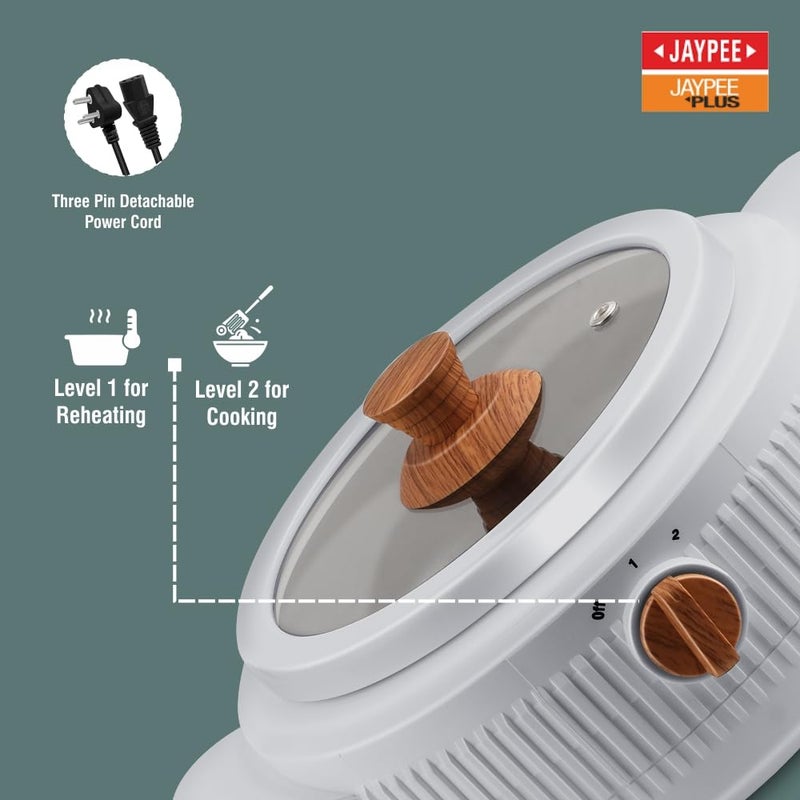 JAYPEE PLUS Electric CookSmart Casserole with Teflon NonStick Coating Bowl for Reheating & Cooking, Serving Casserole Wooden Finish Lid & Regulator Knob Toughened Glass Lid, 1500 ml, Grey - Image 5